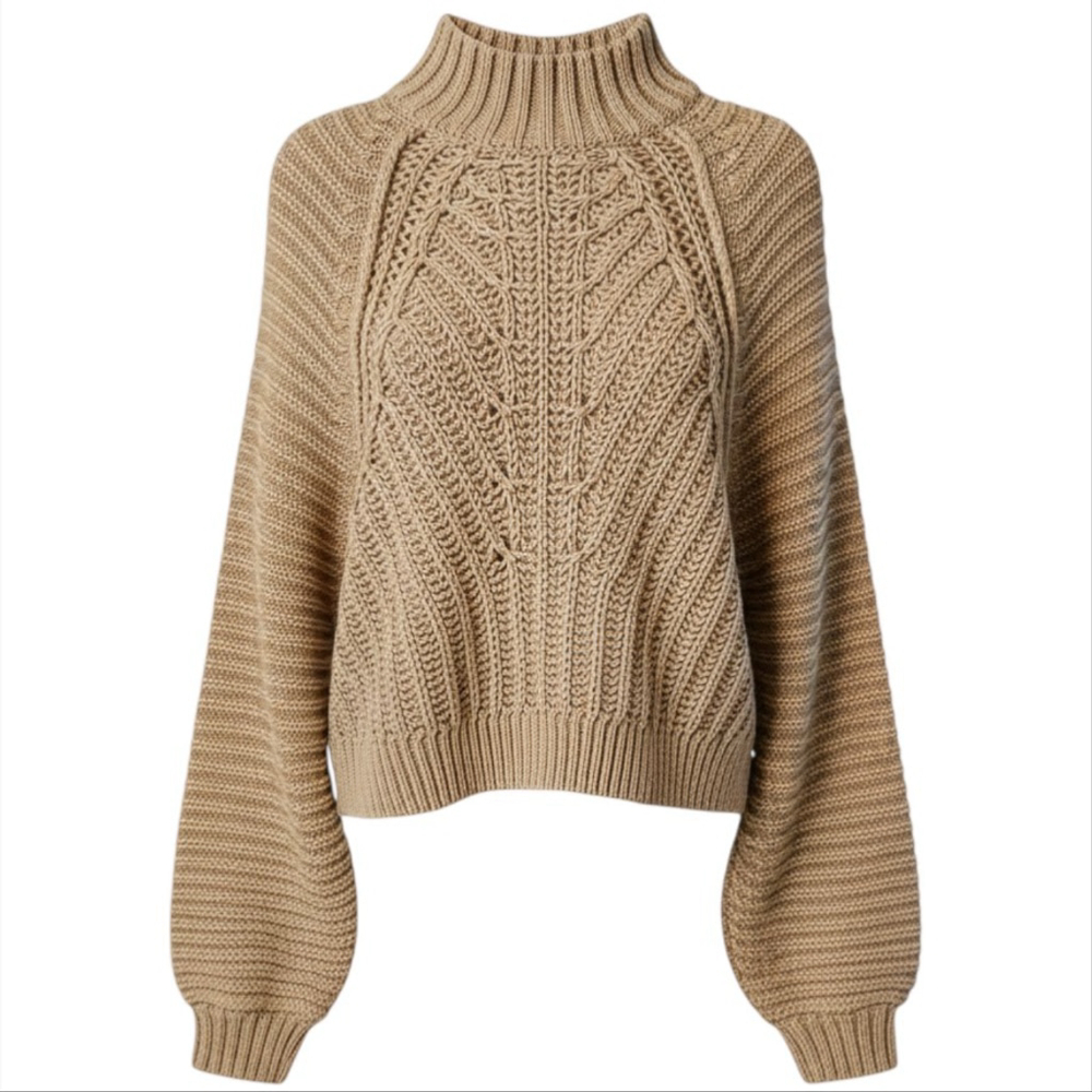 Free People Sweetheart Sweater Tan Sand Castle Chunky Mock Neck Medium EUC - Picture 3 of 5